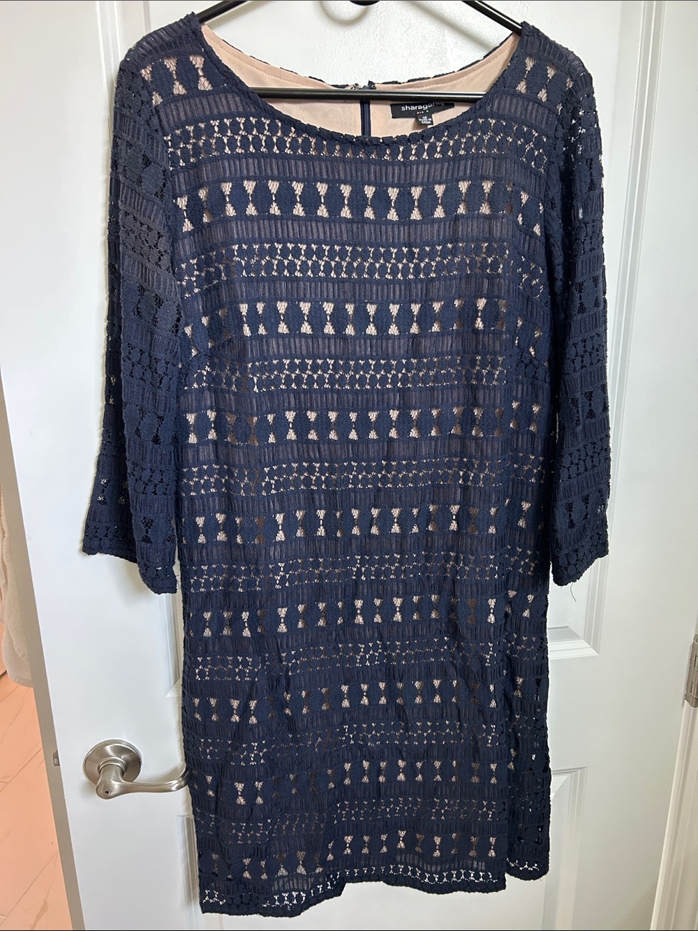 Sharagano Navy Crochet Overlay Sheath Dress
